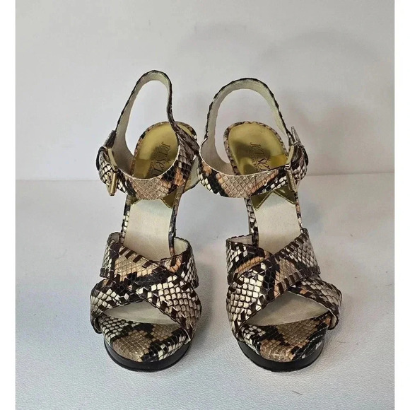 Michael Kors JET SET 6 Odessa 7.5 M Leather Snake Print Buckle HEELS Sandals - Picture 2 of 9